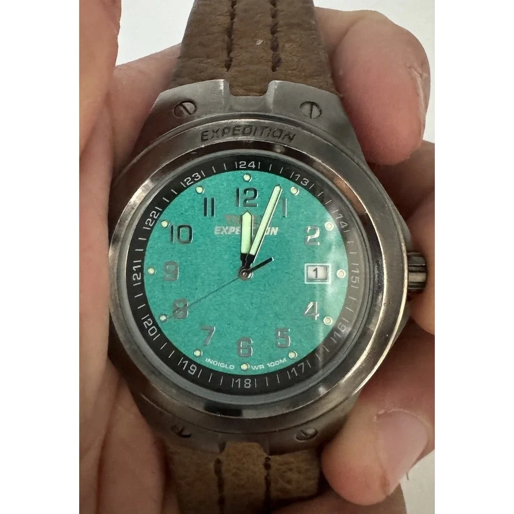 Timex Expedition Indiglo Mens Watch Brown Leather Strap Gunmetal Case WR 100M